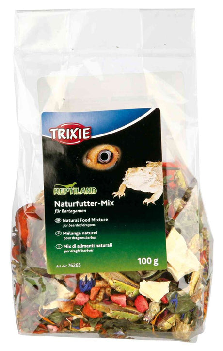 Verpackung mit Naturfutter-Mix für Bartagamen von Trixie, 100g, mit sichtbaren getrockneten Zutaten in bunten Farben.