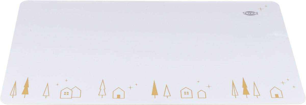 Weiße Unterlage mit goldenen Tannenbäumen und Häusern auf der unteren Seite, Trixie-Logo oben rechts.