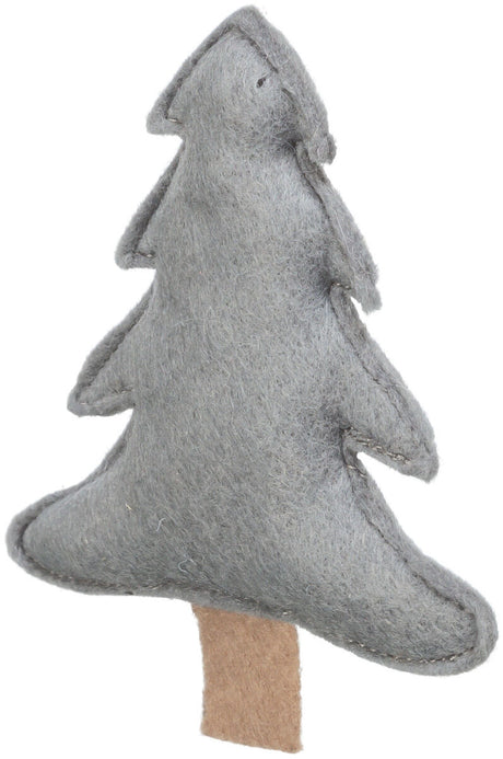 Grauer Filzanstecker in Form eines stilisierten Weihnachtsbaums mit braunem Filzstamm.