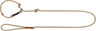 Beige Hundeleine mit Schlaufe und verstellbarer Schlaufe aus geflochtenem Material, schwarzer und brauner Akzent.