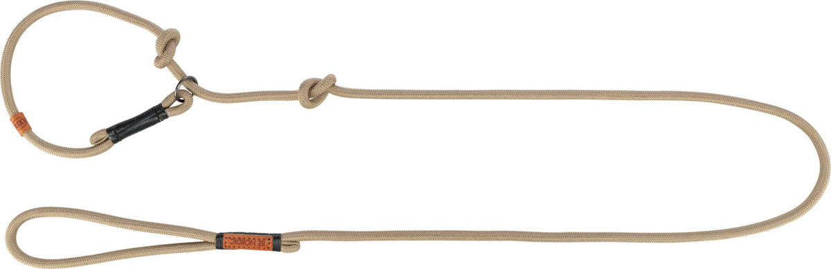 Beige Hundeleine mit Schlaufe und verstellbarer Schlaufe aus geflochtenem Material, schwarzer und brauner Akzent.