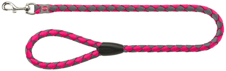 Grau-pink geflochtene Hundeleine mit silbernem Karabinerhaken und schwarzem Verbindungsstück.