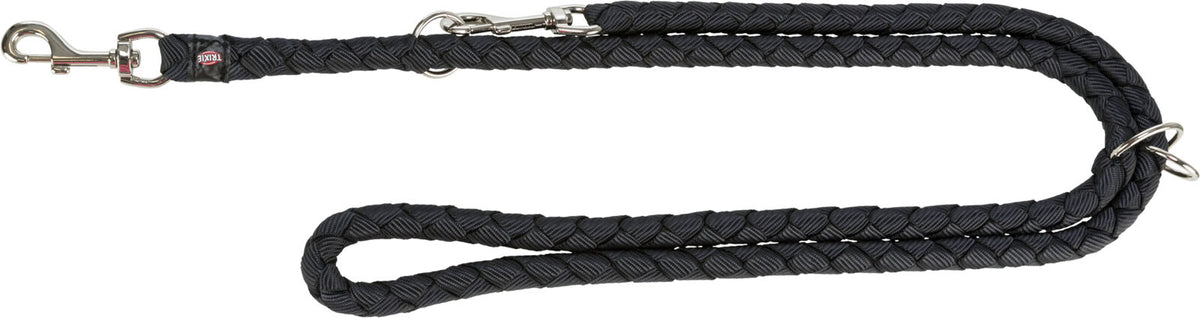 Schwarze geflochtene Hundeleine mit silbernem Karabinerhaken und Metallring, Label "Trixie" erkennbar.