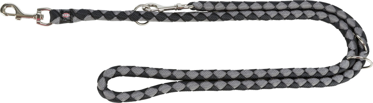 Grau-schwarze geflochtene Hundeleine mit silbernen Karabinern, Text "TRIXIE" sichtbar.