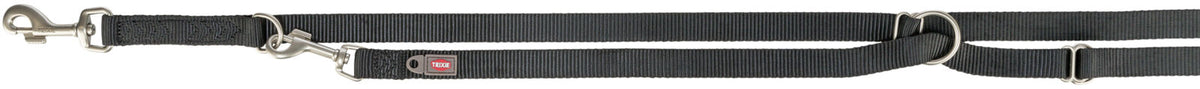 Schwarze Hundeleine aus Nylon mit silbernem Karabinerhaken und mehreren Metallringen, Label mit Aufschrift.