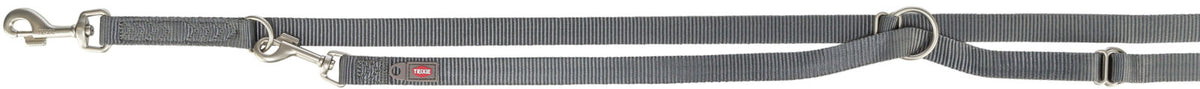 Graues Hundehalsband mit Metallclips und Ringen, Label "Trixie" sichtbar, verstellbares Gurtband.