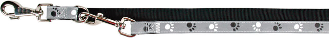 Schwarze Hundeleine mit grauem Dekorband und Pfotenmuster, silberner Metallhaken und Clip.