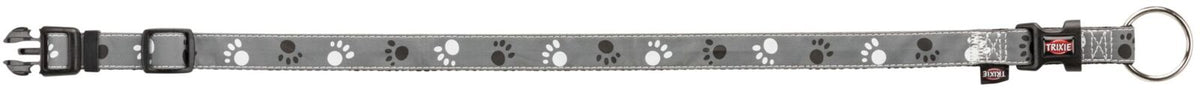Graues Hundehalsband mit weißen und schwarzen Pfotenabdrücken und Schnalle, Marke "Trixie" erkennbar.