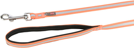 Orangefarbene Hundeleine mit reflektierenden Streifen, silbernem Karabinerhaken und gepolstertem Griff.