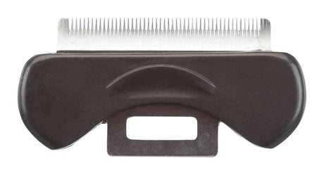 Schwarzer Griffaufsatz mit silbernen Metallzinken oben und rechteckigem Schlitz unten.