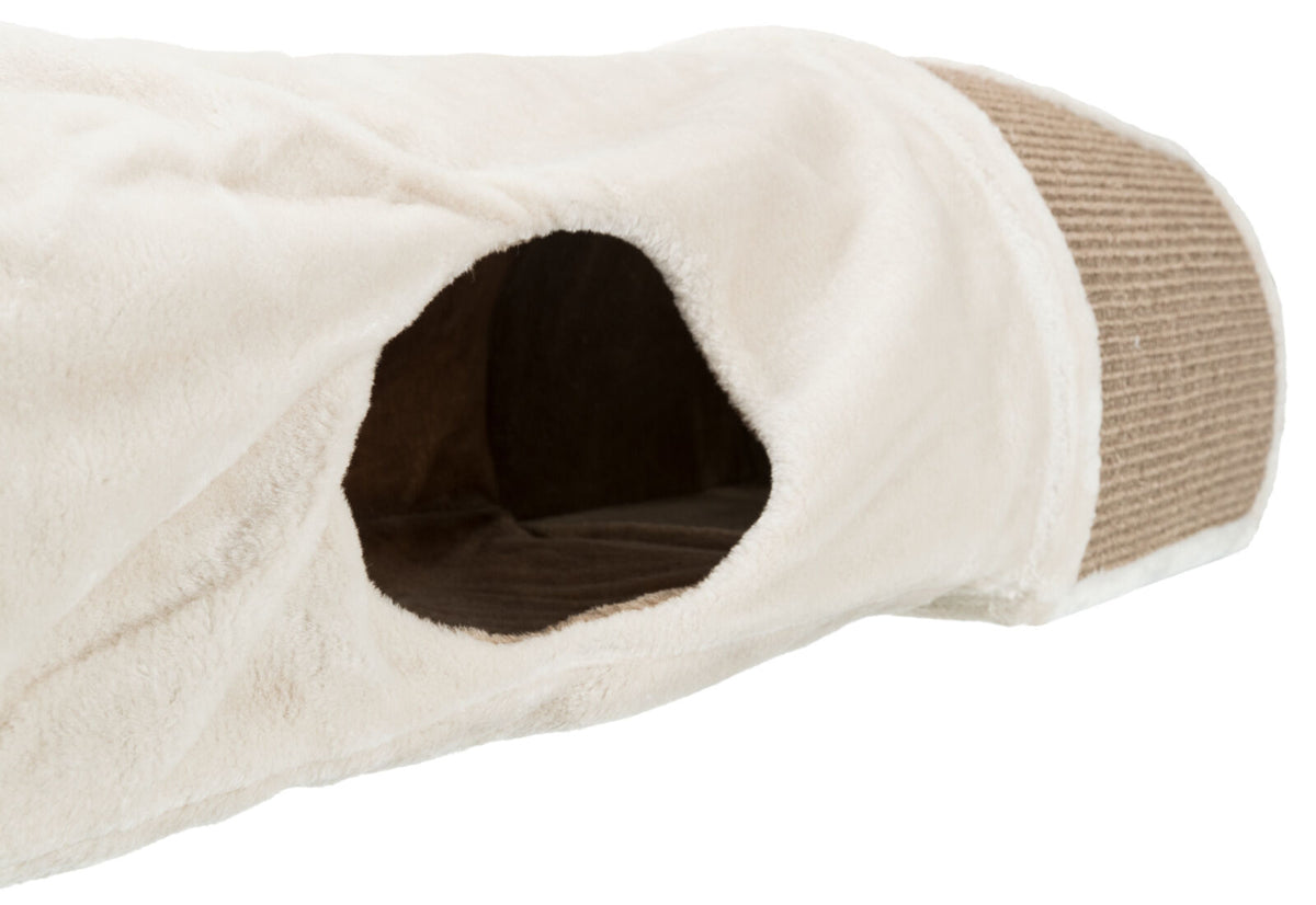 Beige-farbene Höhle mit rundem Eingang, kuscheliges Material, glatte Oberfläche, brauner Innenraum.