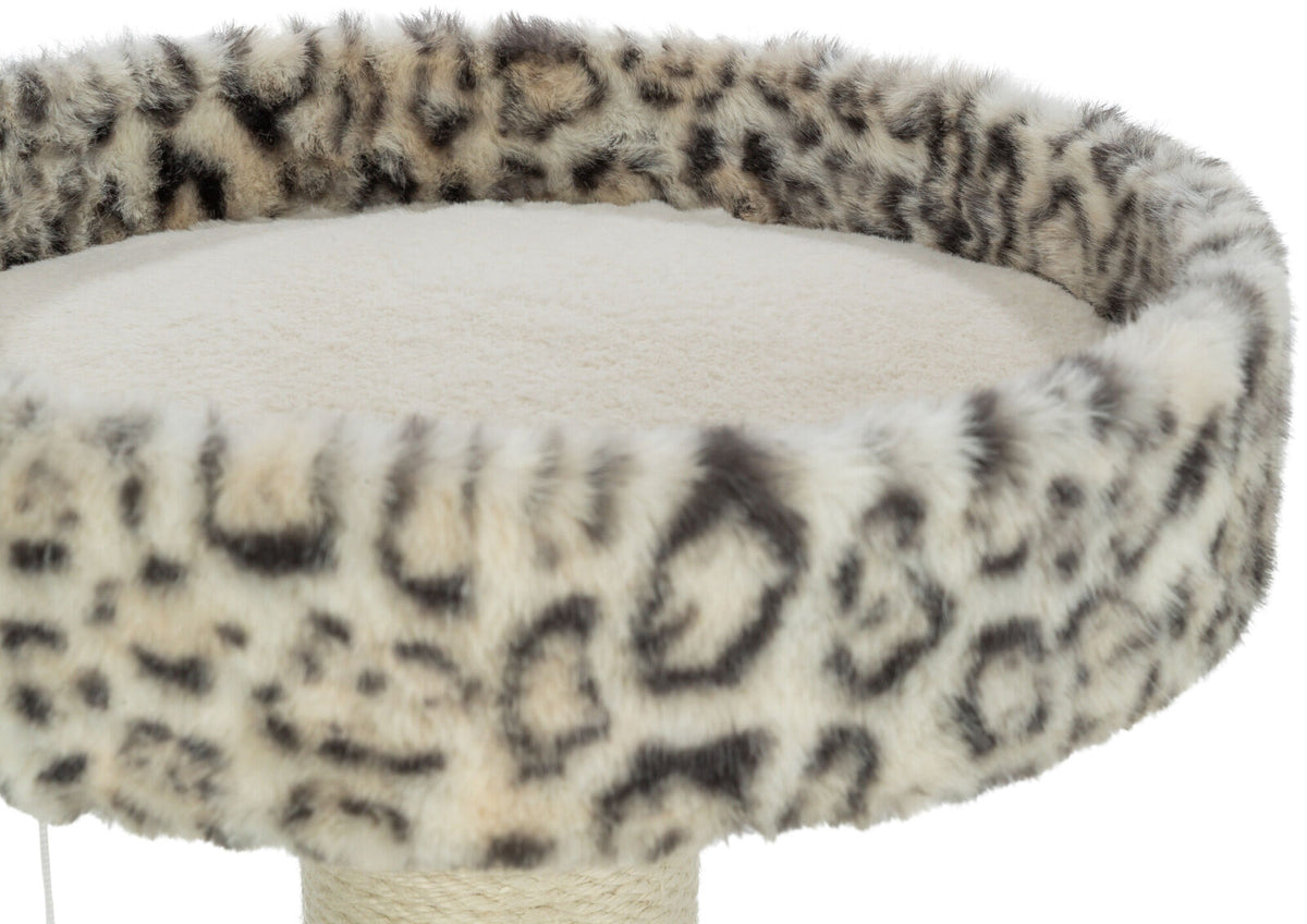 Runder Plüschaufsatz mit Leopardenmuster und beiger Liegefläche auf einem Kratzbaum sichtbar.