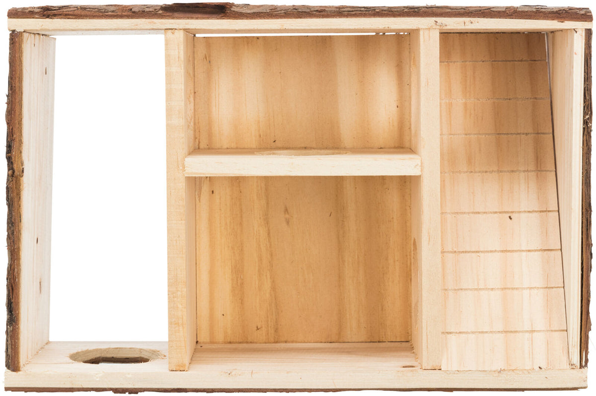 Holzstruktur mit drei getrennten Fächern und sichtbarer Rinde an den Kanten, eine runde Öffnung auf der linken Seite.